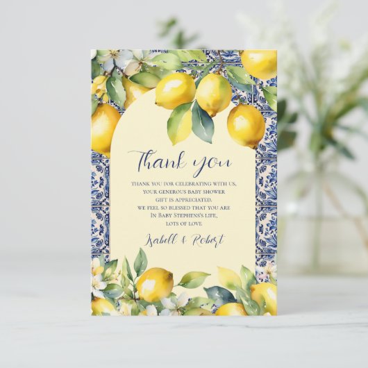 ブルータイルイタリアン水彩レモンベビーシャワー サンキューカード (スタンド正面)