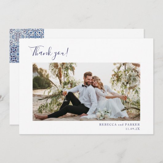 ブルータイルエレガントな結婚式ありがとう写真 サンキューカード (正面/裏面)