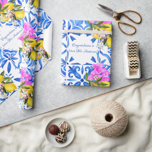 ブルータイルズブーゲンビラエレガントレパーソナライズされた ラッピングペーパー (クラフト)