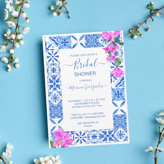 ブルータイルズブーゲンビリアエレガントブライダルシャワー 招待状