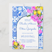ブルータイルズブーゲンビリーレモンエレガントな結婚式 招待状 (正面)