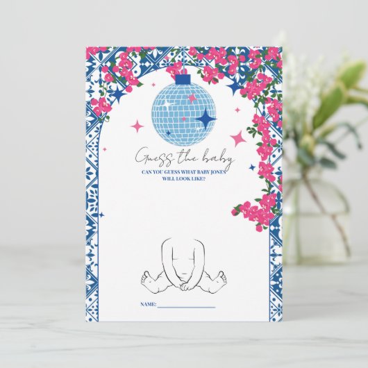 ブルータイルディスコ赤ちゃんシャワーゲームカードを推測 招待状 (スタンド正面)