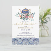 ブルータイルブライダルシャワー紅茶の招待カード 招待状 (スタンド正面)