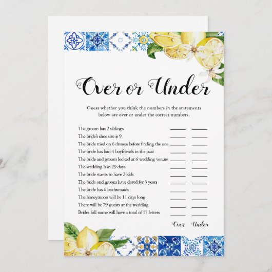 ブルータイルレモンの上または下のブライダルシャワーゲーム 招待状 (正面/裏面)