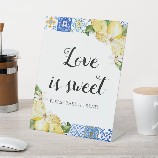 ブルータイルレモンの愛は甘いトリートカフェサインである 台座サイン (インサイチュ)