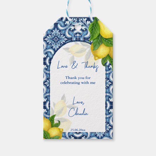 ブルータイルレモンアマルフィブライダルシャワー感謝していユー ギフトタグ (正面)