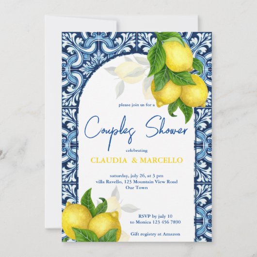 ブルータイルレモンアマルフィポジターノカップルのシャワー 招待状 (正面)