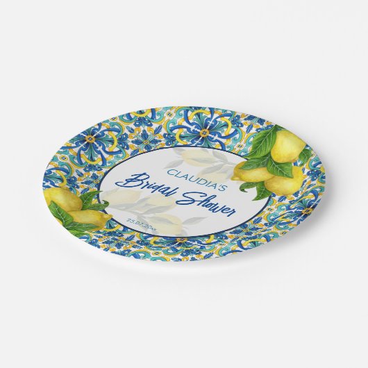 ブルータイルレモンアマルフィポジターノブライダルシャワー ペーパープレート (アングル)