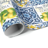 ブルータイルレモンアマルフィポジターノ誕生日カスタム ラッピングペーパー (ロールコーナー)