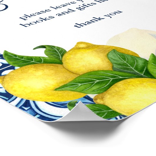 ブルータイルレモンアマルフィ赤ちゃんシャワーのギフトサイン ポスター (角)