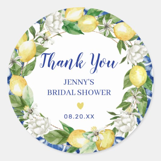 ブルータイルレモンイタリアンブライダルシャワーシール ラウンドシール (正面)