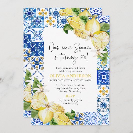 ブルータイルレモンイタリアン70th誕生日パーティー 招待状 (正面/裏面)