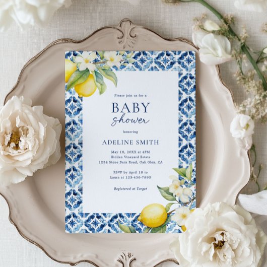 ブルータイルレモンサマーイタリアンベビーシャワー 招待状
