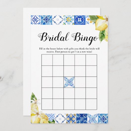 ブルータイルレモンブライダルシャワーブライダルビンゴゲーム 招待状 (正面/裏面)