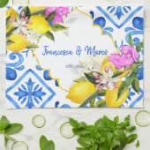 ブルータイルレモンブーゲンビリアカスタムウェディングギフト キッチンタオル (折り畳み)