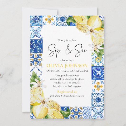 ブルータイルレモンSip & Seeベビーシャワー招待状 招待状 (正面)