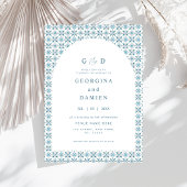 ブルータイル地中海のアーチ写真エレガントな結婚式 招待状