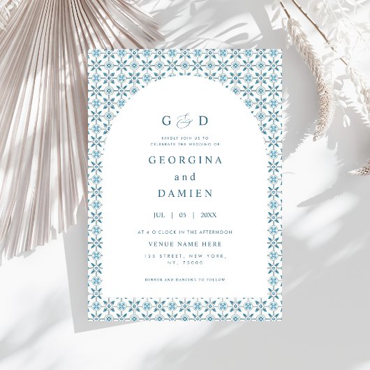 ブルータイル地中海のアーチ写真エレガントな結婚式 招待状