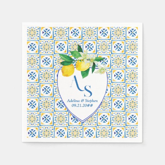 ブルータイル地中海のイタリアクレストレモンズ結婚ーズ スタンダードカクテルナプキン (正面)