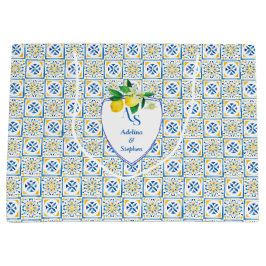 ブルータイル地中海のイタリアクレストレモンズ結婚ーズ ラージペーパーバッグ