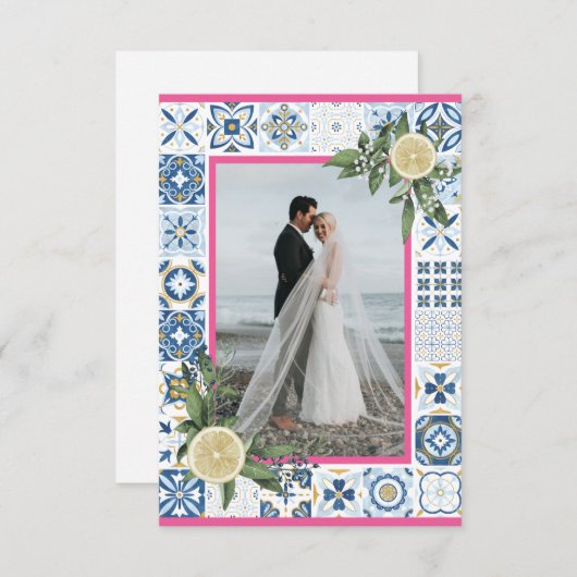 ブルータイル地中海のピンクレモンフォトカード 招待状 (正面/裏面)