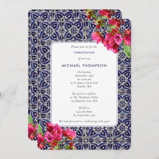 ブルータイル地中海のブーゲンビリア洗礼 招待状 (正面/裏面)