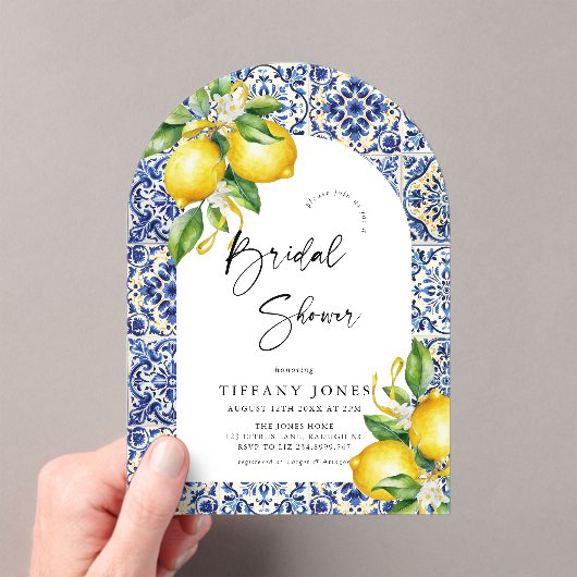 ブルータイル地中海のレモンアーチブライダルシャワー アクリル招待状 (インサイチュ (ポータブル))