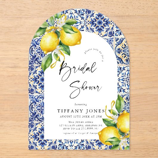 ブルータイル地中海のレモンアーチブライダルシャワー アクリル招待状 (正面)