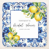 ブルータイル地中海のレモンブライダルシャワー スクエアペーパーコースター (正面)