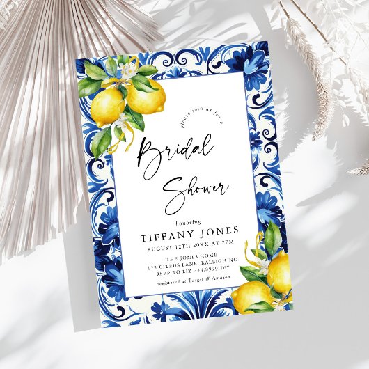 ブルータイル地中海のレモンブライダルシャワー 招待状