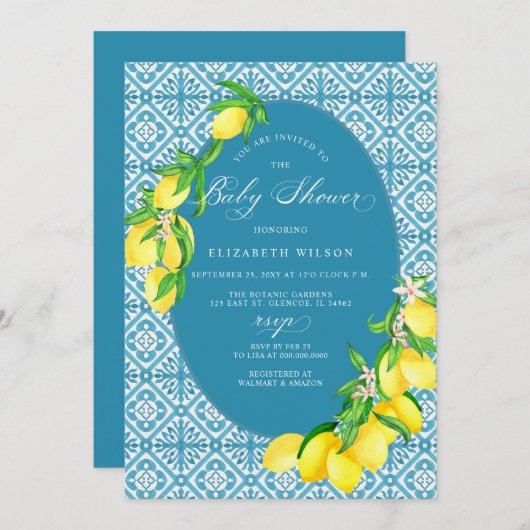 ブルータイル地中海のレモンベビーシャワー 招待状 (正面/裏面)