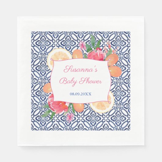 ブルータイル地中海の柑橘系ベビーシャワーパーティー スタンダードランチョンナプキン (正面)
