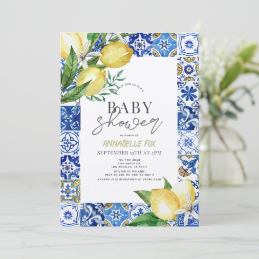 ブルータイル地中海の柑橘類レモンベビーシャワー 招待状 (スタンド正面)