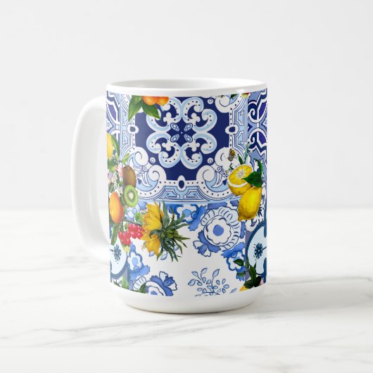 ブルータイル,シチリア,マジョリカ,モザイクアート,レモン コーヒーマグカップ (正面左)