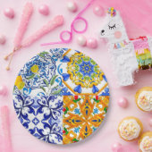 ブルータイル，シチリア，マジョリカ，モザイクアート，レモン ペーパープレート (パーティー)