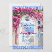 ブルータイル ピンクの花 ディスコ 卒業パーティー 招待状 (正面)