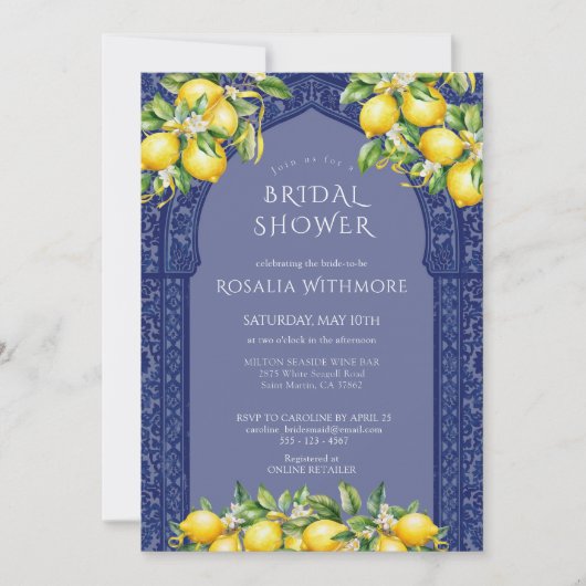 ブルータイル レモン メディテレーニアンブライダルシャワー 招待状 (正面)