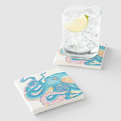 ブルータコオレンジピンクウォーターカラーアート ストーンコースター (横)