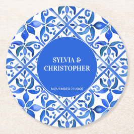 ブルータラベラスペインのタイルモノグラム結婚式の引き出物 ラウンドペーパーコースター