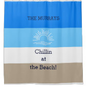 ブルータンアンドホワイトストライプビーチハウス シャワーカーテン (正面)