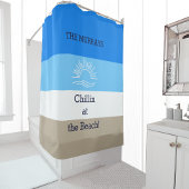 ブルータンアンドホワイトストライプビーチハウス シャワーカーテン