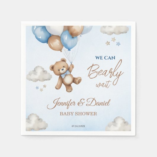 ブルータンテディベアバルーン赤ちゃんシャワー スタンダードカクテルナプキン (正面)