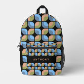 ブルータンベージュグリーンブラックミッドセンチュリーアートパターン プリントバックパック (正面)