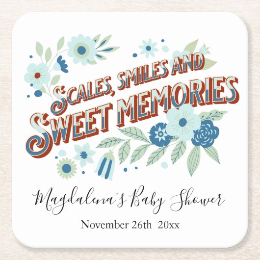 ブルーターコイズグリーンフラワードラゴンベビーシャワー スクエアペーパーコースター (正面)