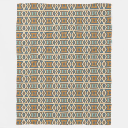 ブルーターコイズティール(緑がかった色)オレンジブラウントライバルパターン フリースブランケット (正面)