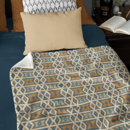 ブルーターコイズティール（緑がかった色）オレンジブラウントライバルパターン フリースブランケット