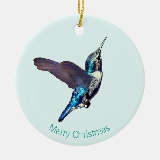 ブルーターコイズハミングバードオンライトブルー セラミックオーナメント (正面)