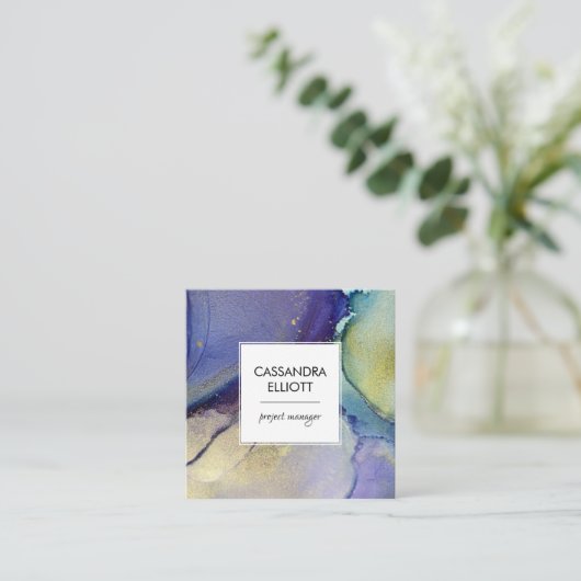 ブルーターコイズパープル金ゴールド抽象芸術液芸術 スクエア名刺 (スタンド正面)