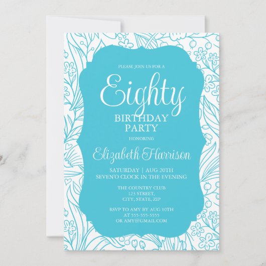 ブルーターコイズフローラウーマン80thバースデーパーティー 招待状 (正面)