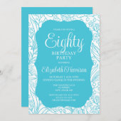 ブルーターコイズフローラウーマン80thバースデーパーティー 招待状 (正面/裏面)